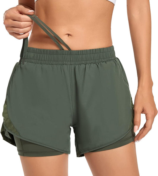 Womens Athletic Shorts High Waisted Running Shorts with Elastic Liner Drawstring Sport Workout Shorts