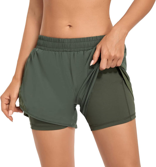 Womens Athletic Shorts High Waisted Running Shorts with Elastic Liner Drawstring Sport Workout Shorts